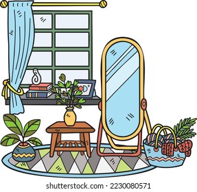 Hand Drawn Mirror with shelves and windows interior room illustration isolated on background