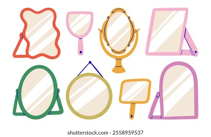 Hand Drawn Mirrors with Ornate Modern. A set of hand-drawn mirror designs, including wavy, oval, round, handheld, and arched frames with modern and vintage styles for creative decor