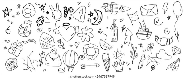 Hand drawn miscellaneous doodle .black and white pattern.