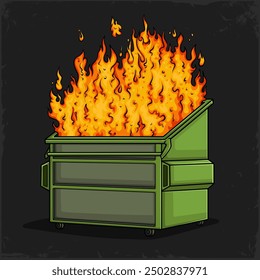 Hand drawn mismanaged situation dumpster fire, green garbage bin burning on a huge fire