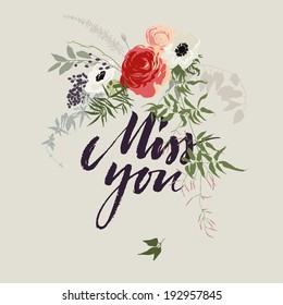 Hand drawn miss you card. Vector illustration