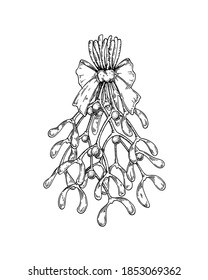 Hand drawn mistletoe bouquet with bow isolated on white background. Christmas design element. Vector illustration in sketch style.
