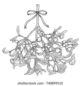 Hand drawn mistletoe branch with ribbon bow. Vector romantic Christmas illustration. Winter holidays greeting card design in black isolated over white.