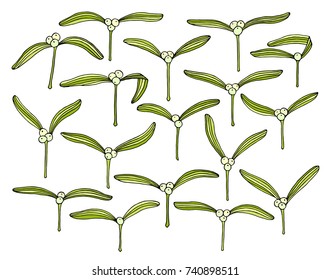 Hand drawn mistletoe branches set isolated over white. Vector romantic Christmas illustration. Winter holidays greeting card design elements.
