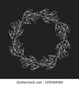 Hand drawn mistletoe frame. Christmas holiday floral wreath for kiss and decoration. Vector isolated xmas design elements.