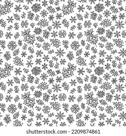 Hand drawn mistletoe and snowflakes vector seamless pattern. Doodle winter herb isolated on white background