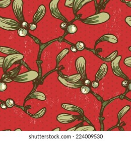 Hand drawn  mistletoe  twigs red seamless pattern.  All objects are conveniently grouped  and are easily editable.