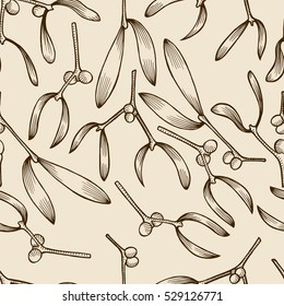Hand drawn mistletoe twigs vintage seamless pattern.