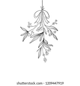 Hand drawn mistletoe. Vector Christmas plant background. Romantic Christmas illustration. Greeting card design. Vector mistletoe. Winter template.