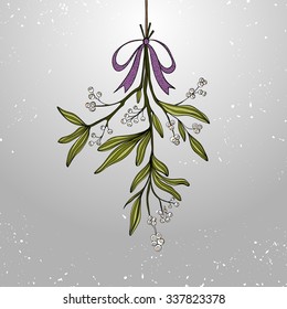 Hand drawn mistletoe. Vector Christmas plant  background. Romantic Christmas illustration. Greeting card design. Vector mistletoe. Winter template.