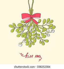 Hand drawn mistletoe. Vector Christmas plant  background. Romantic Christmas illustration. Greeting card design. Vector mistletoe. Winter template.