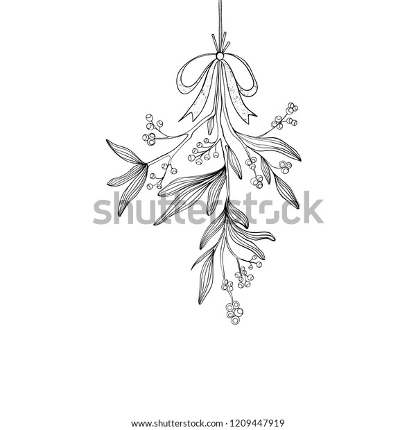 Hand drawn mistletoe. Vector Christmas\
plant background. Romantic Christmas illustration. Greeting card\
design. Vector mistletoe. Winter\
template.