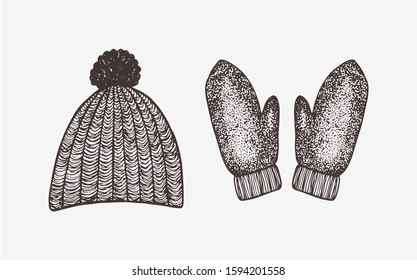 Hand drawn mittens and hat, vector winter clothes illustration