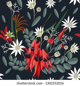 hand drawn mixed australian native flower seamless pattern with swainsona formosa,white flannel,kangaroo paw in vector illustration