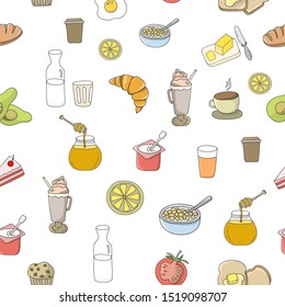 hand drawn mixed breakfast icon seamless pattern on white background