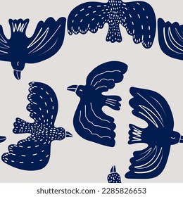 Hand drawn mixed ethno style ornament seamless pattern with birds. Abstract trendy monochrome print.
