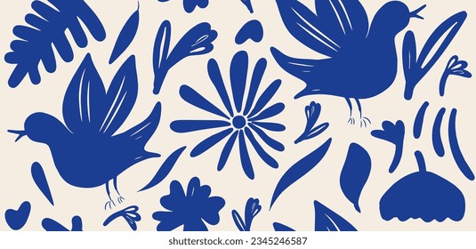 Hand drawn mixed ethno style ornament seamless pattern with birds. Abstract trendy monochrome print
