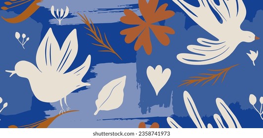 Hand drawn mixed ethno style ornament seamless pattern with birds. Abstract trendy monochrome print.
