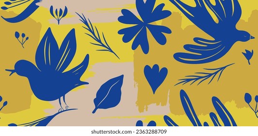 Hand drawn mixed ethno style ornament seamless pattern with birds. Abstract trendy print.
