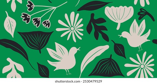 Hand drawn mixed ethno style ornament seamless pattern with birds. Abstract trendy monochrome print.
