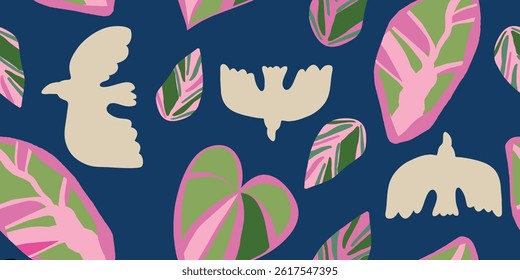 Hand drawn mixed ethno style ornament seamless pattern with birds. Abstract trendy monochrome print.
