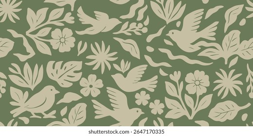 Dibujado a mano mezclado estilo étnico ornamento sin patrón con pájaros. Abstractas estampado monocromático de moda.
