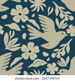 Hand drawn mixed ethno style ornament seamless pattern with birds. Abstract trendy monochrome print.