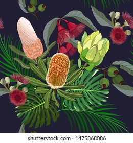 hand drawn mixed kinds of banksia,waratah and protea,australia tropical native wild flower seamless pattern on dark navy background