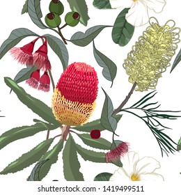 hand drawn mixed kinds of banksia,yellow grevillea and gumnut,australia native flower seamless pattern on white background 