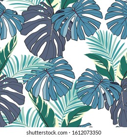 Hand drawn mixed kinds of monstera bananas leaves and palm seamless pattern on white background. Vintage blue motives.