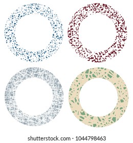 Hand drawn mixed marker lines based wreath patterns, made up of stripes, commas, dots and amorphous shapes, in color