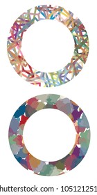 Hand drawn mixed marker lines based wreath patterns, made up of stripes and amorphous shapes, in color