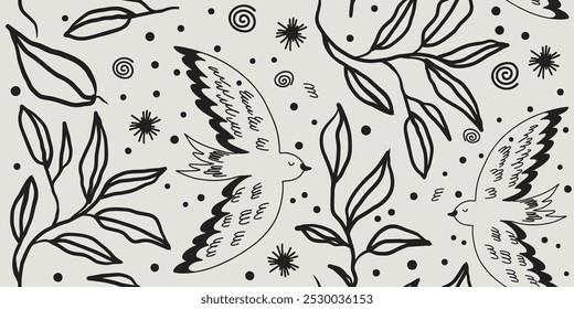 Hand drawn mixed  ornament seamless pattern with birds and floral leaves. Abstract trendy monochrome print.
