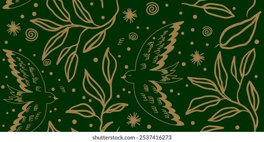 Padrão sem emenda de ornamento misto desenhado à mão com pássaros e folhas florais. Trendy abstrata