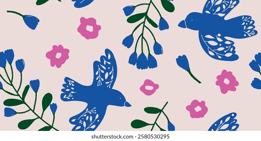 Hand drawn mixed ornament seamless pattern with birds and flowers. Abstract trendy