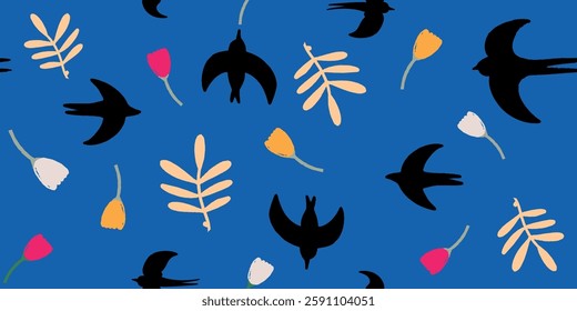 Hand drawn mixed ornament seamless pattern with birds and flowers. Abstract trendy
