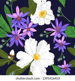 hand drawn mixed white and pink purple flowers seamless pattern with camellia and crossberry from australia garden