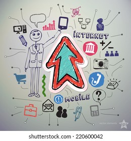 Hand drawn mobile internet icons set and sticker with arrow