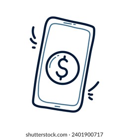 Ilustración de la línea del doodle de pago móvil dibujada a mano. Vector de icono del garabato de pago móvil.