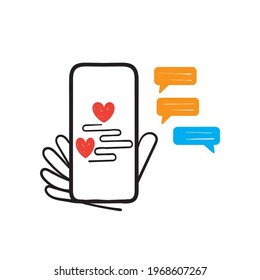 Hand Drawn Mobile Phone Chat And Heart Symbol For Long Distance Relationship Illustration Vector