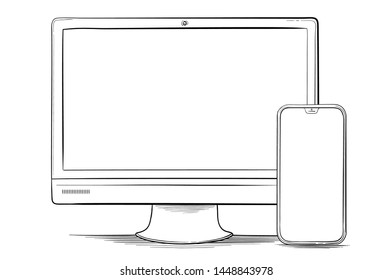 Hand Drawn Mobile Phone and Computer Monitor Vector Illustration