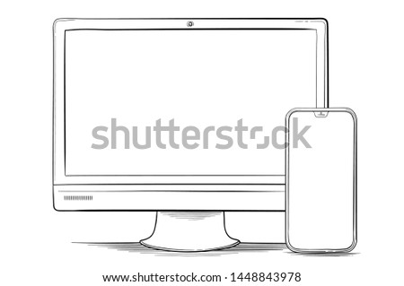 Hand Drawn Mobile Phone and Computer Monitor Vector Illustration