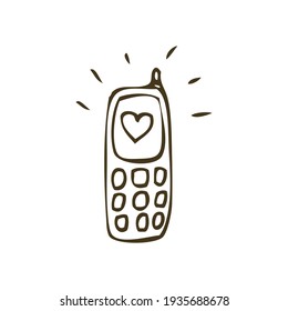 Hand drawn mobile phone with heart on screen vector illustration