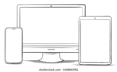 Hand Drawn Mobile Phone, Tablet PC and Computer Monitor Vector Illustration