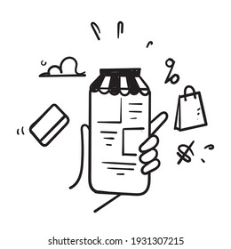 teléfono inteligente móvil con aplicación de tienda. Concepto de compras en línea en doodle