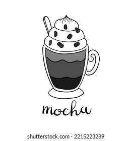 Hand drawn mocha coffee cup with lettering. Vector doodle illustration isolated on white. Perfect for menu designs for cafes, restaurants, and coffee shops.