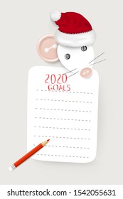 Hand drawn mockup of New Year 2020 goals and resolutions with a rat /mouse - the symbol of Chinese New Year 2020