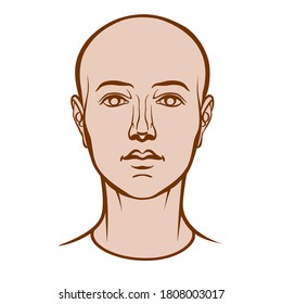 Hand drawn model of androgynous human head in face. Colored outline vector drawing isolated on white background.