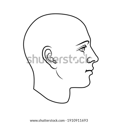 Hand drawn model of human head in side view. Black and white outline flat vector drawing isolated on white background. EPS 8.