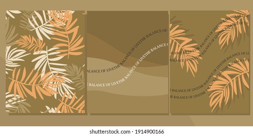 Hand drawn modern abstract posters with tropical leaves and text. Decor elements set for postcards, cards, posters, scrapbooking, souvenirs. Isolated.